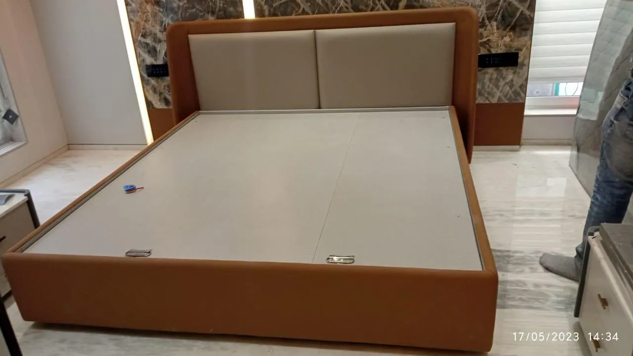 Custom bed frame built by Woodflex Designs, photographed in our Surat workshop