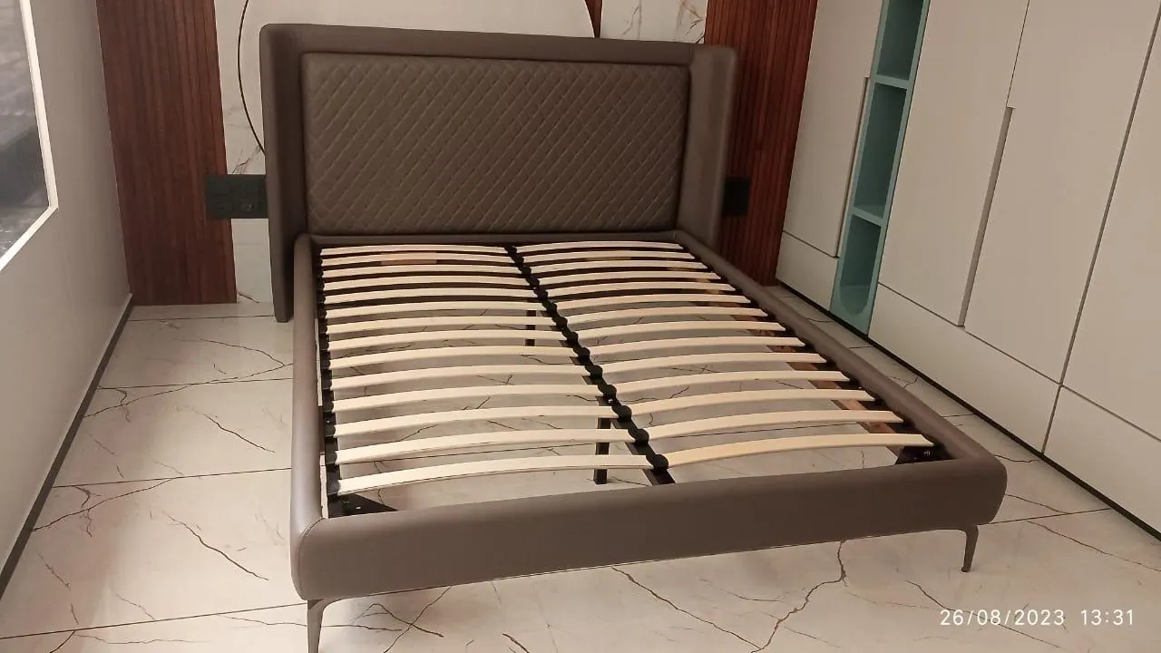 Custom bed frame built by Woodflex Designs, photographed in our Surat workshop