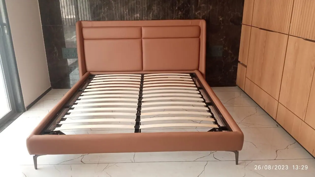 Custom bed frame built by Woodflex Designs, photographed in our Surat workshop