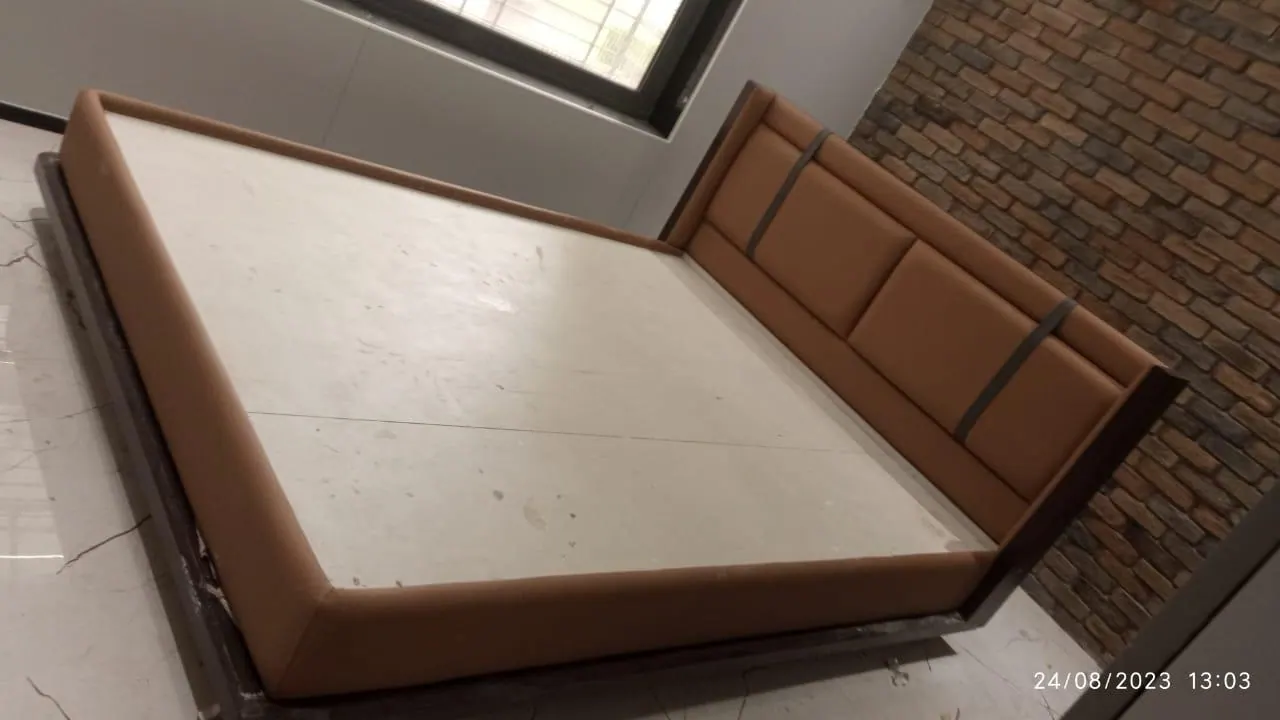 Custom bed frame built by Woodflex Designs, photographed in our Surat workshop