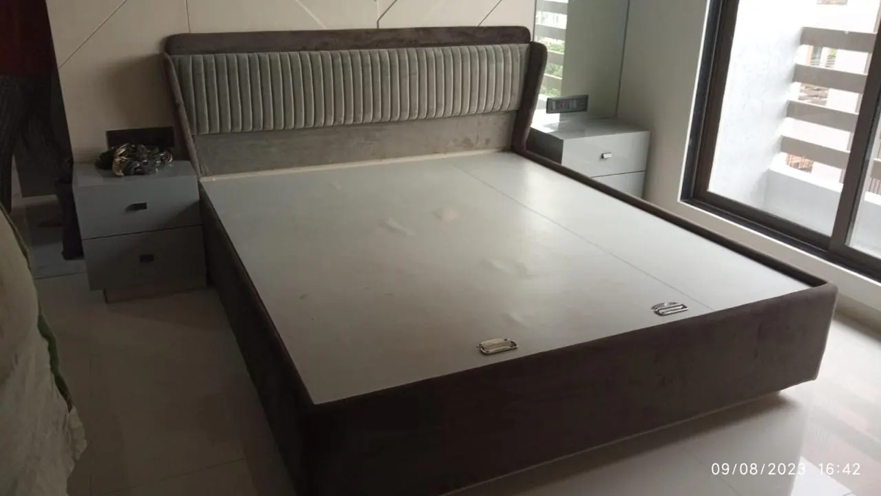Custom bed frame built by Woodflex Designs, photographed in our Surat workshop