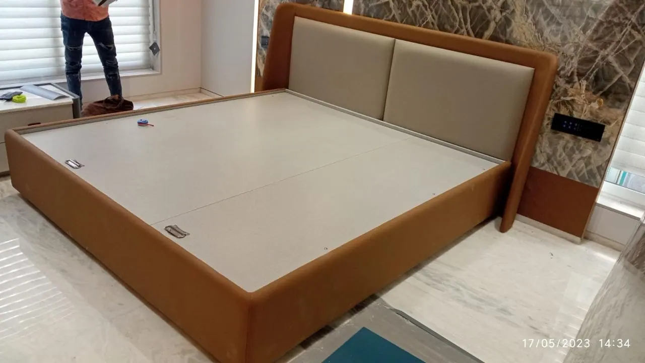 Custom bed frame built by Woodflex Designs, photographed in our Surat workshop