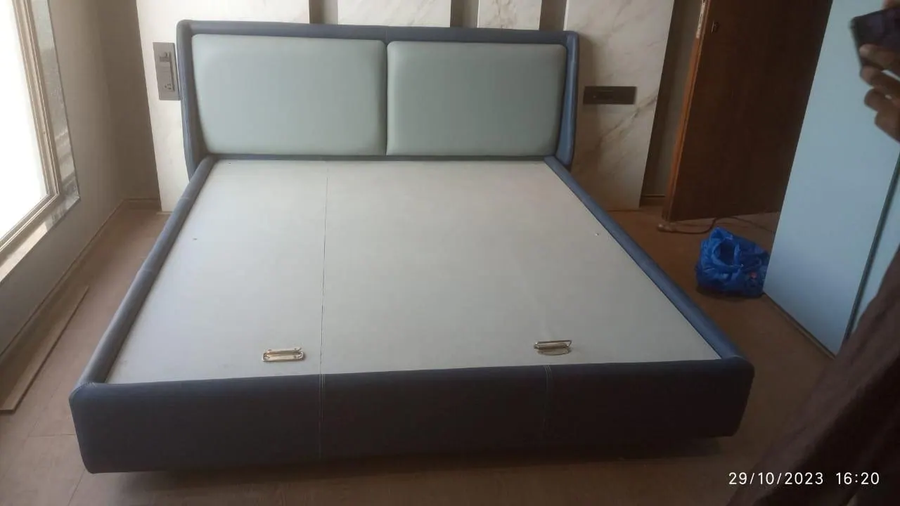 Custom bed frame built by Woodflex Designs, photographed in our Surat workshop