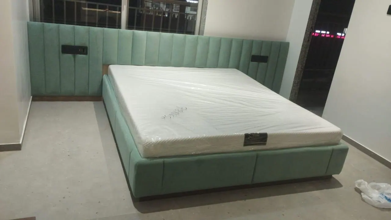 Custom bed frame built by Woodflex Designs, photographed in our Surat workshop
