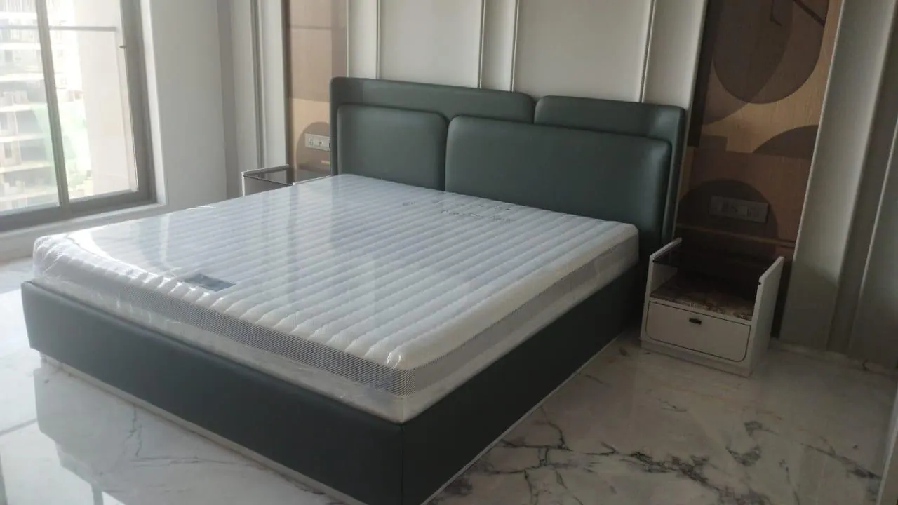 Custom bed frame made by Woodflex Designs, photographed in a client's home