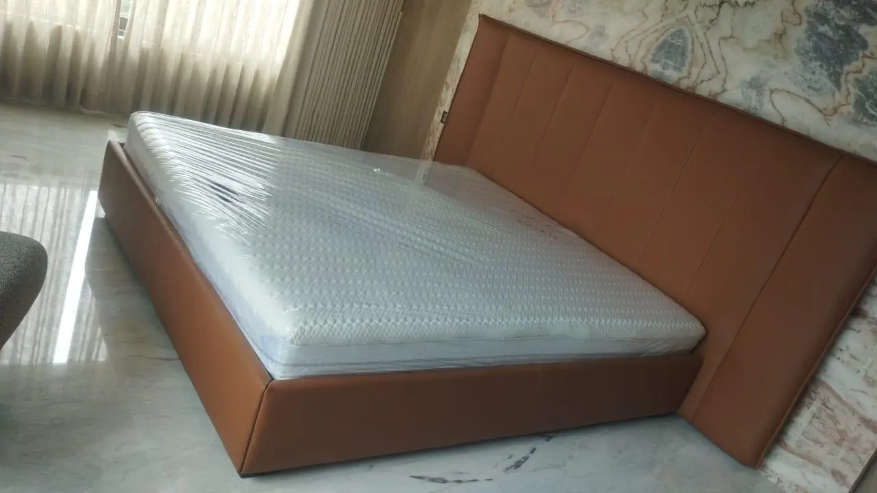 Custom bed frame built by Woodflex Designs, photographed in our Surat workshop