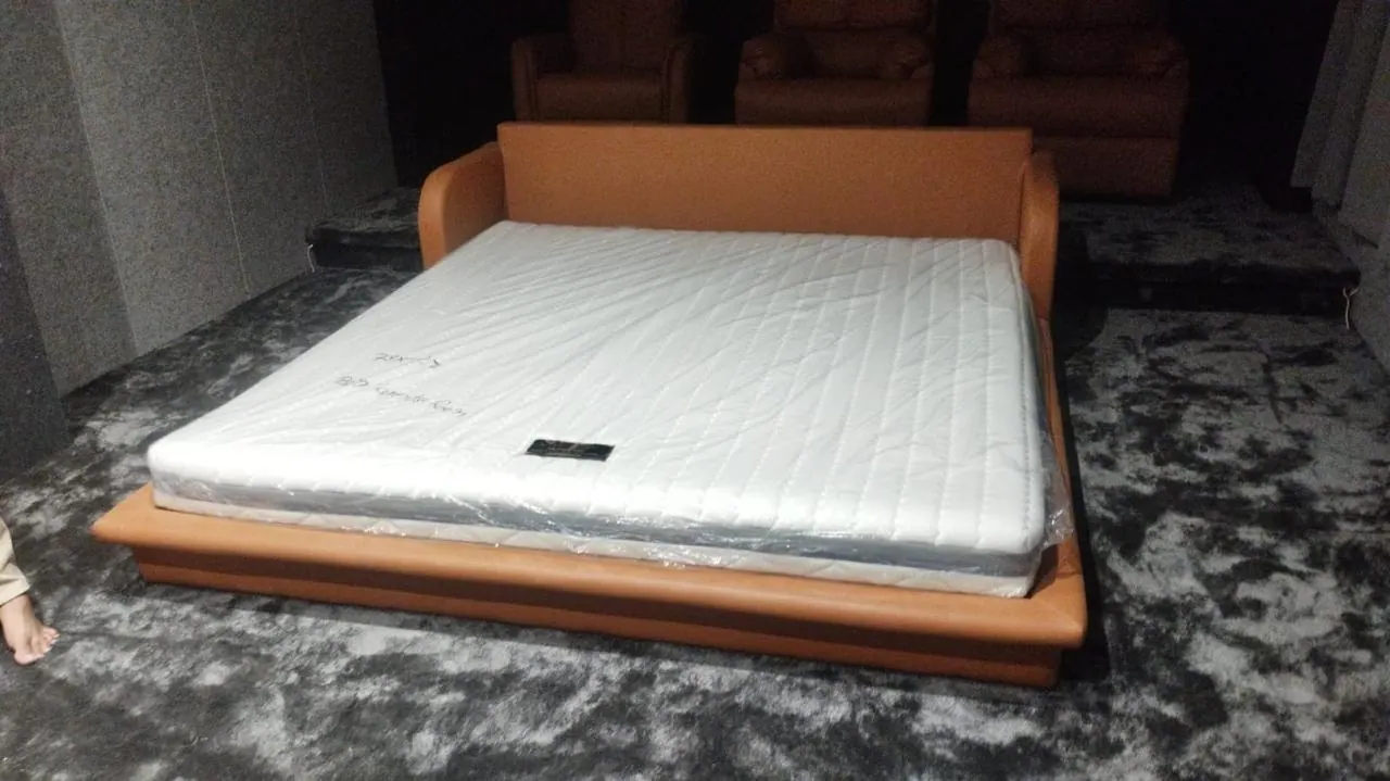 Custom bed frame built by Woodflex Designs, photographed in our Surat workshop