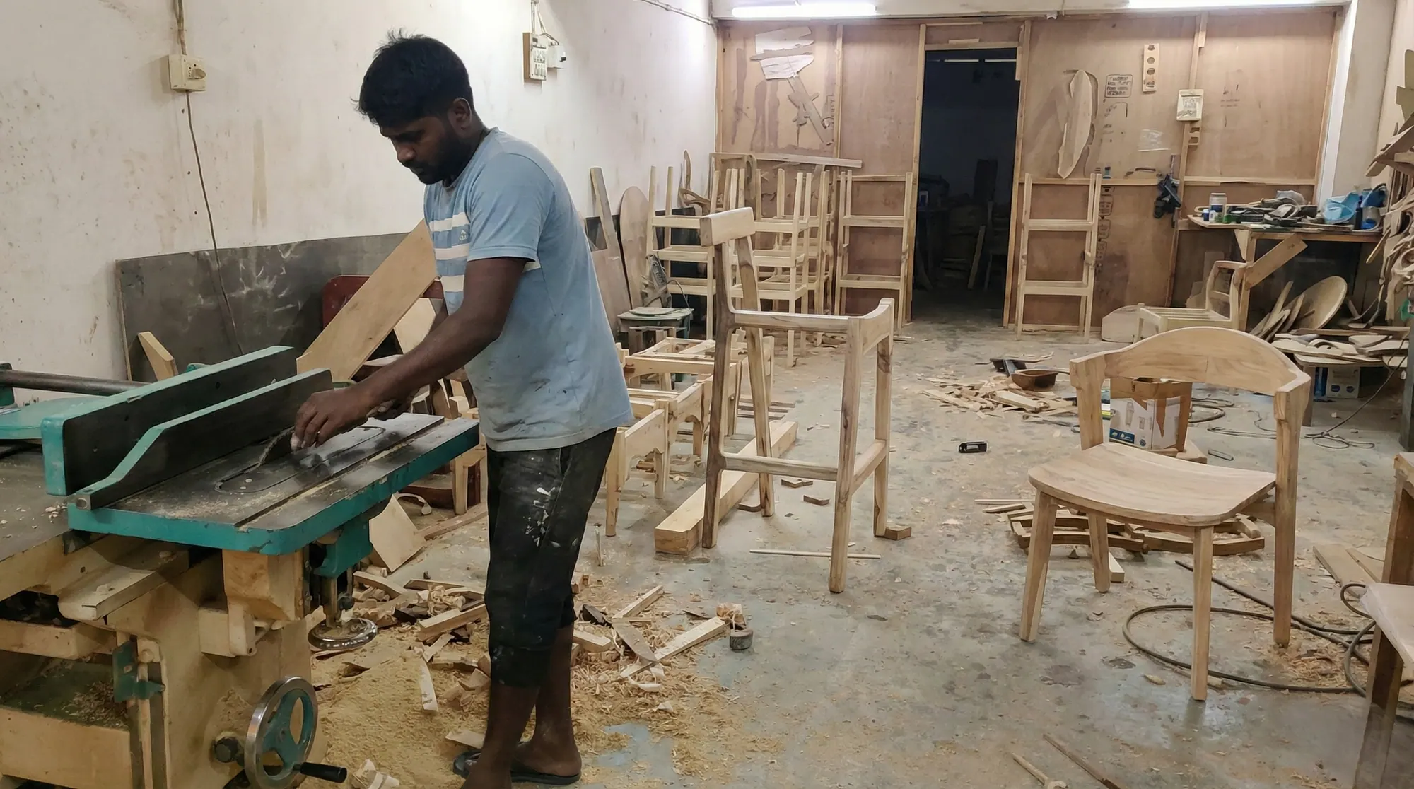 Craftsman cutting timber for custom chairs in the Woodflex Designs workshop, Surat