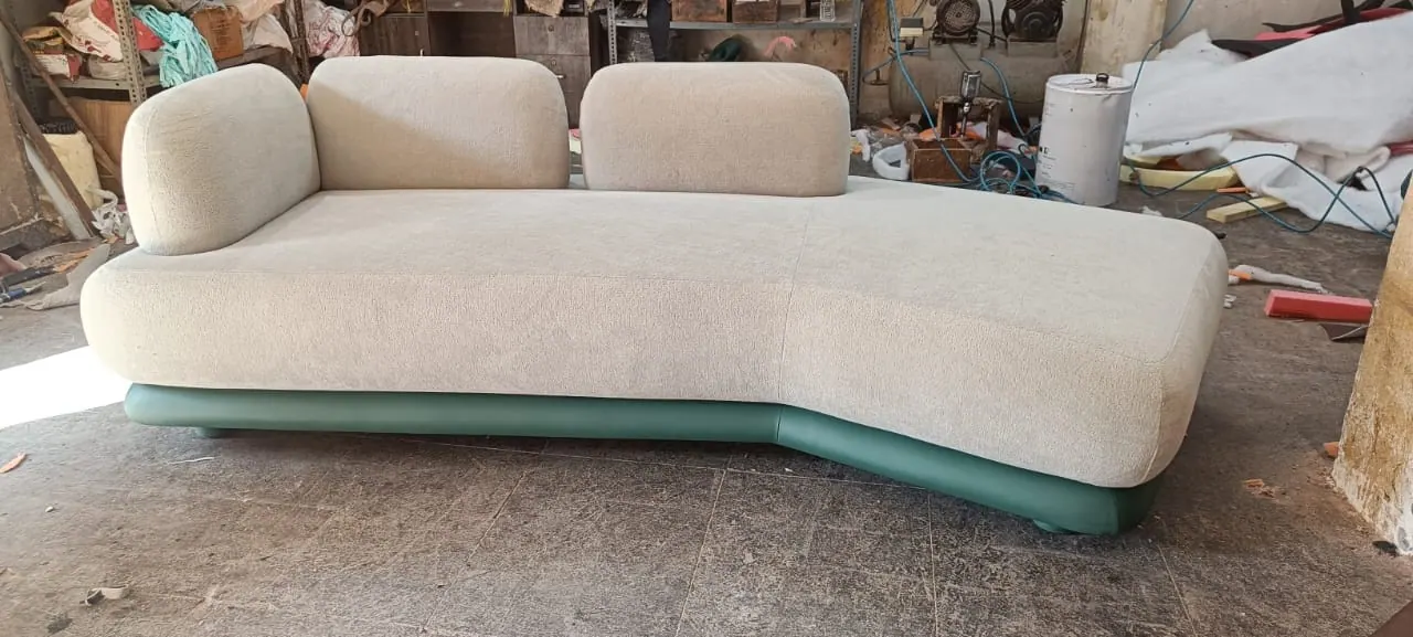 Custom sofa built by Woodflex Designs, photographed in our Surat workshop