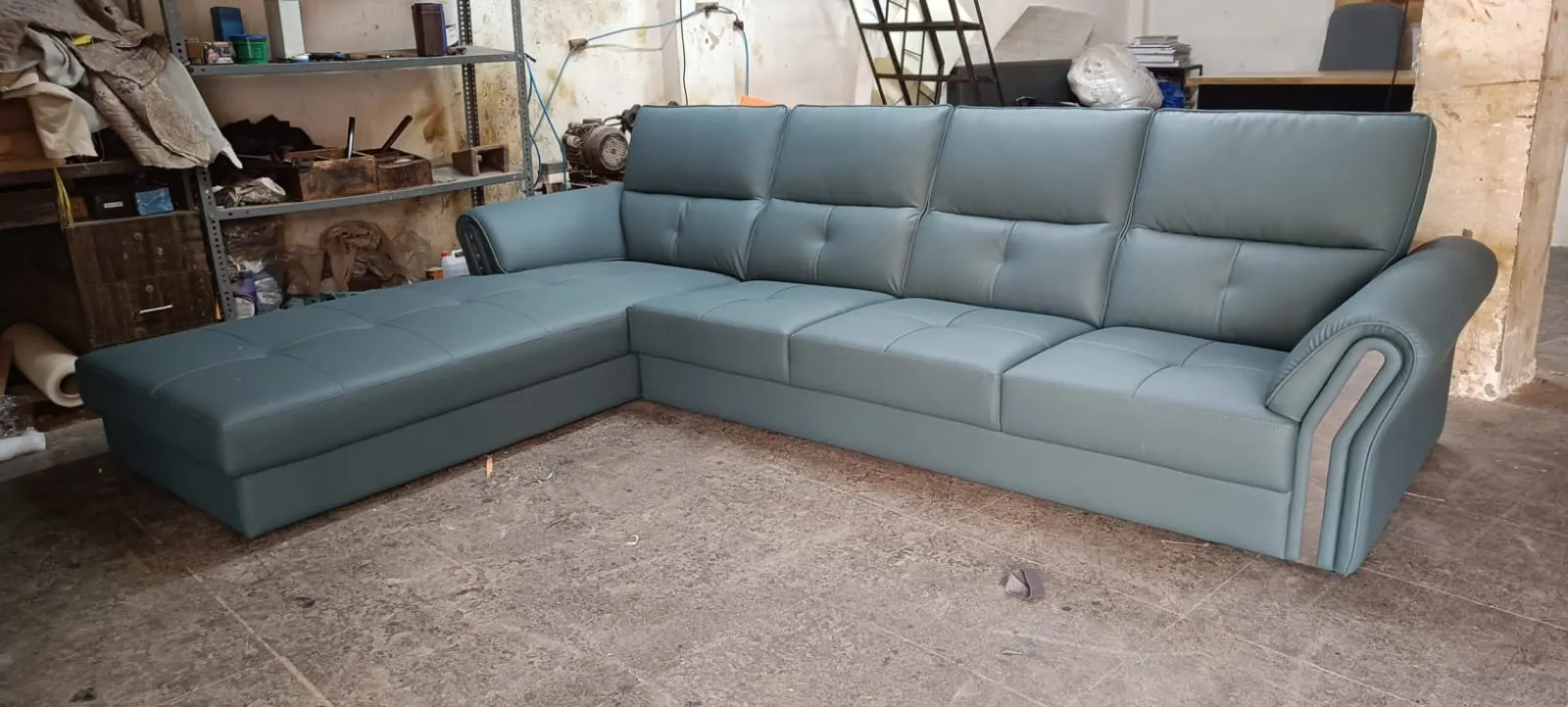 Custom sofa built by Woodflex Designs, photographed in our Surat workshop