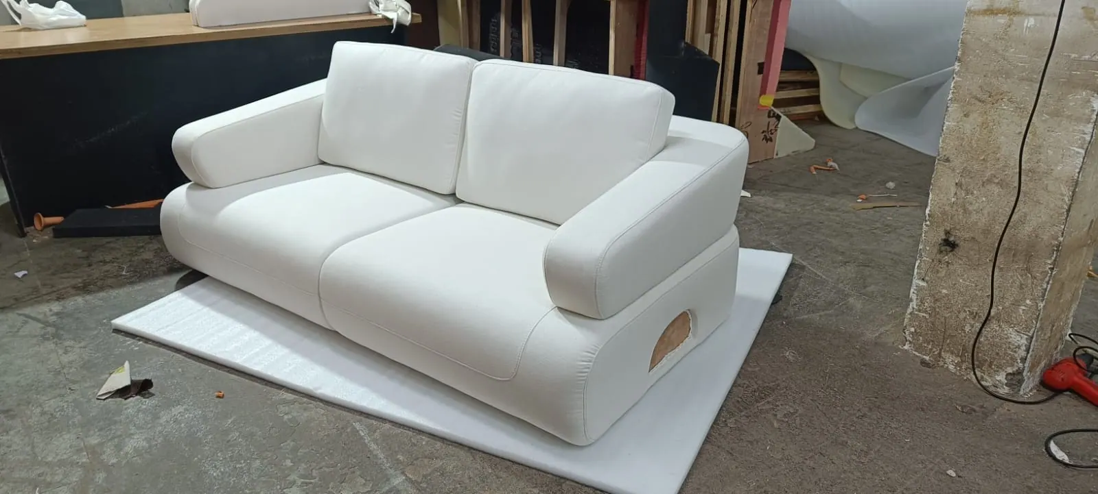 Custom sofa built by Woodflex Designs, photographed in our Surat workshop