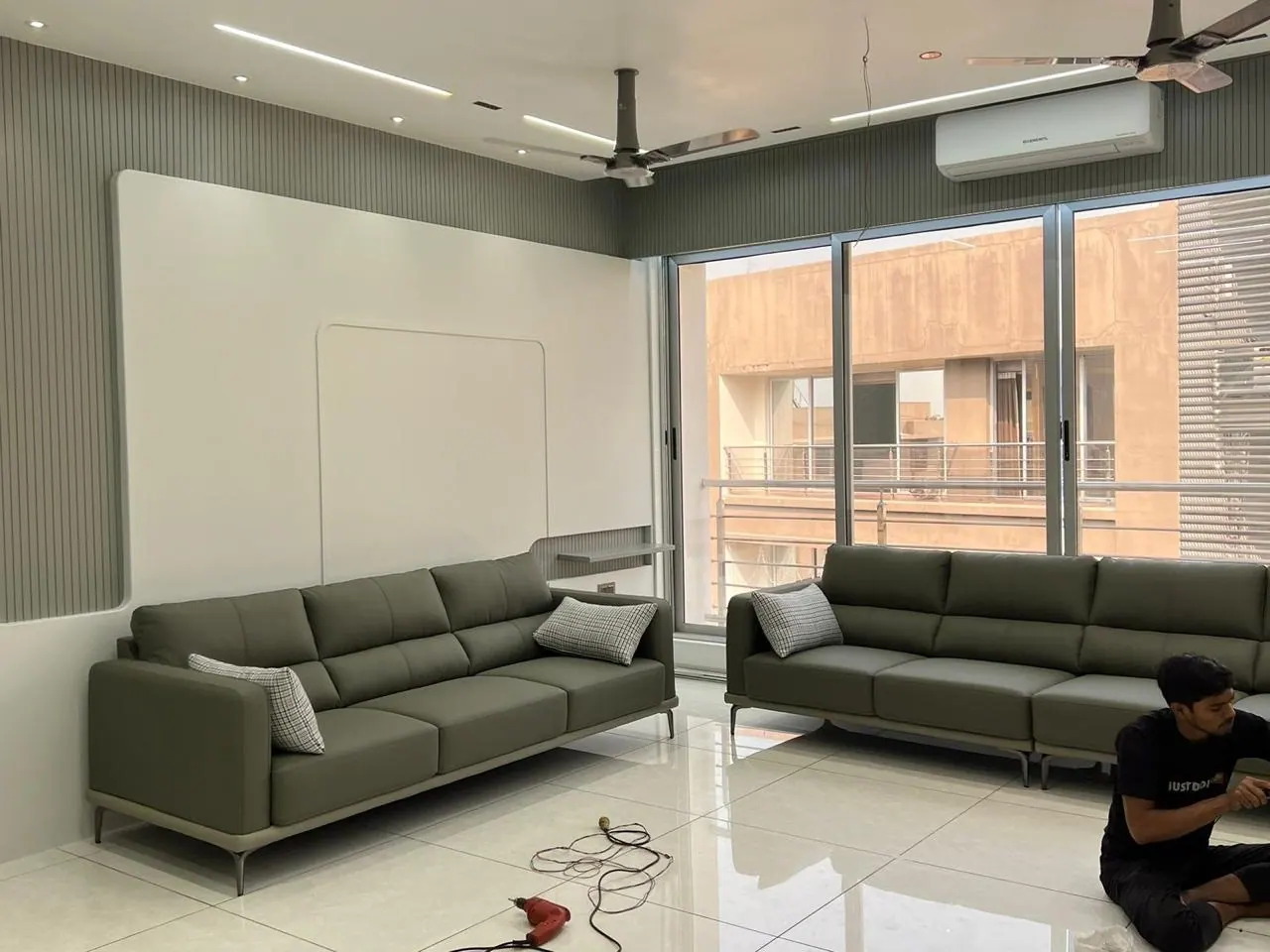 Custom sofa built by Woodflex Designs, photographed in our Surat workshop