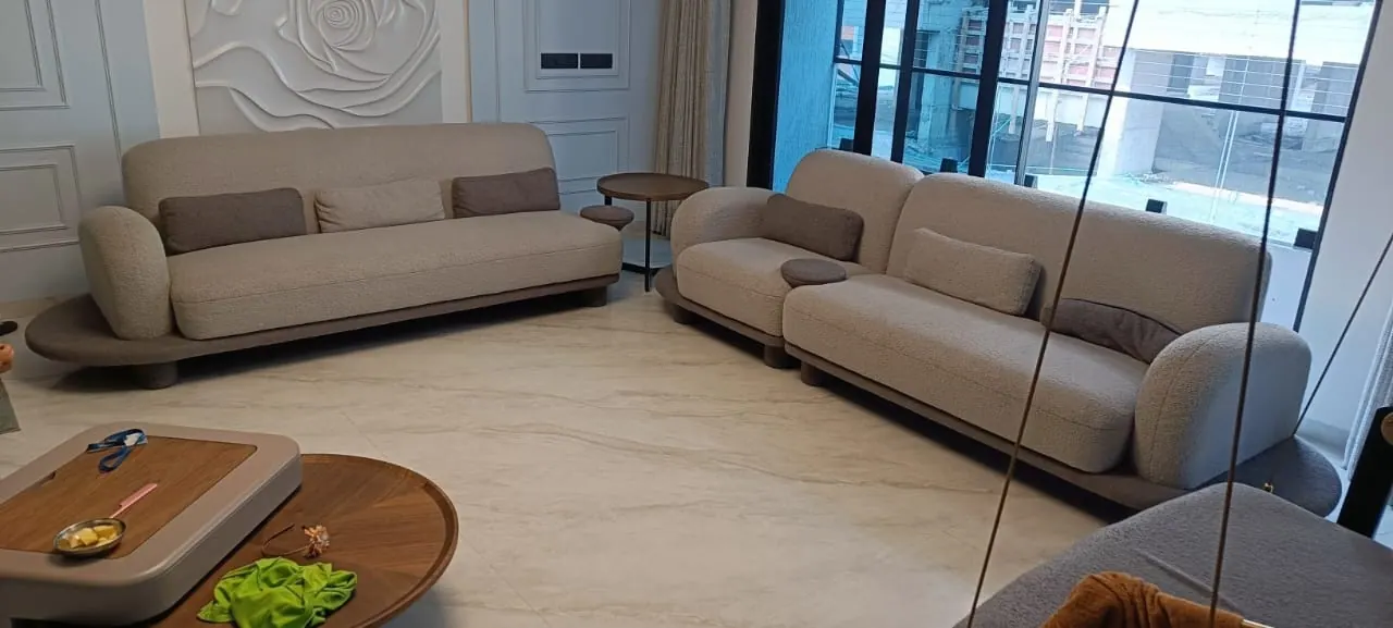 Custom sofa built by Woodflex Designs, photographed in our Surat workshop