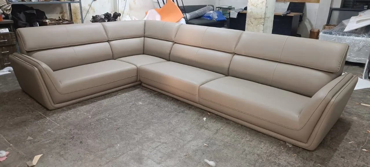 Custom sofa built by Woodflex Designs, photographed in our Surat workshop