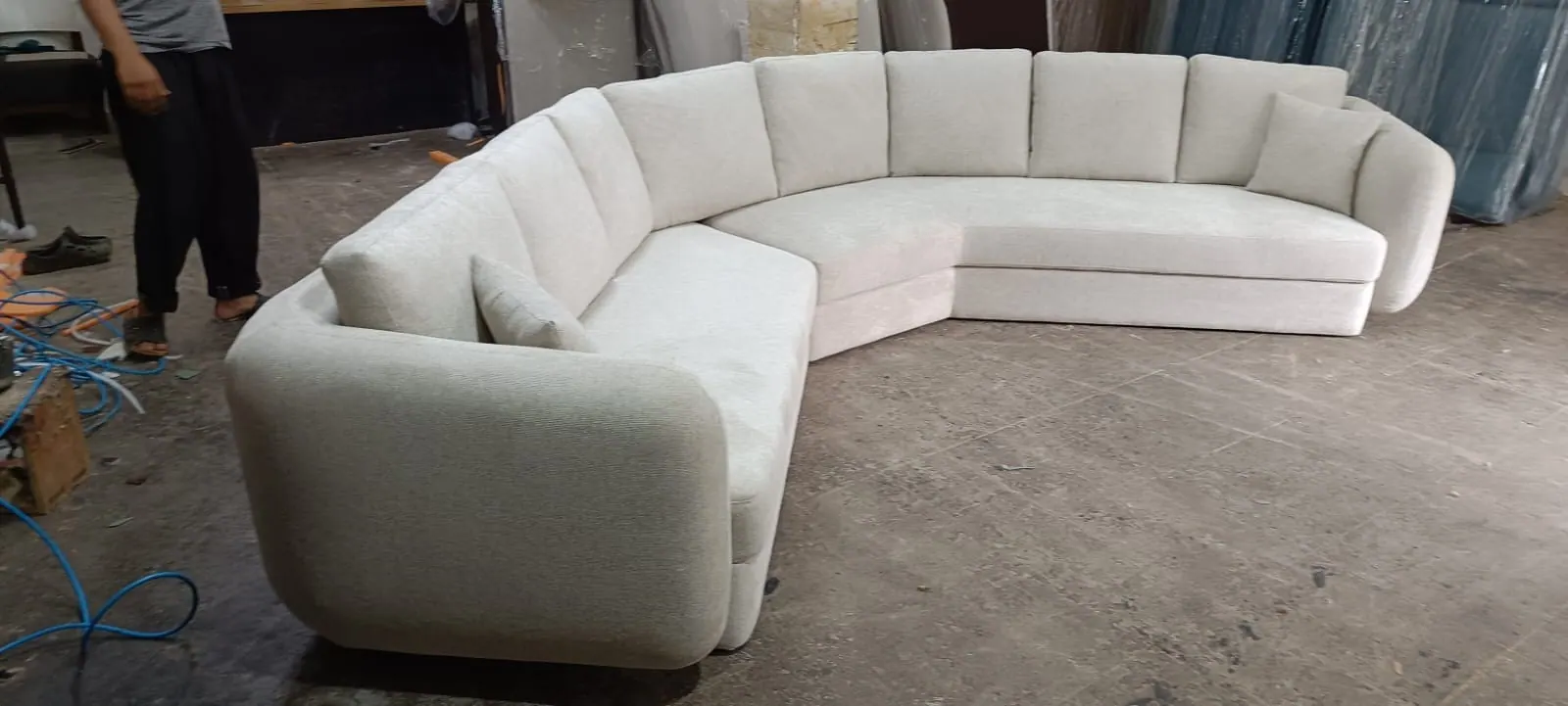 Custom sofa built by Woodflex Designs, photographed in our Surat workshop