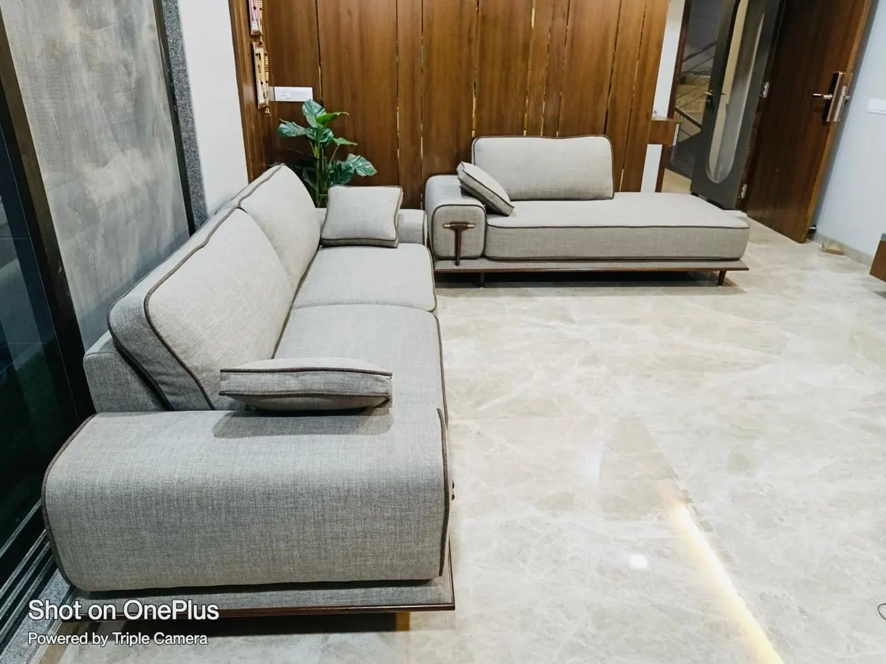 Custom sofa built by Woodflex Designs, photographed in our Surat workshop