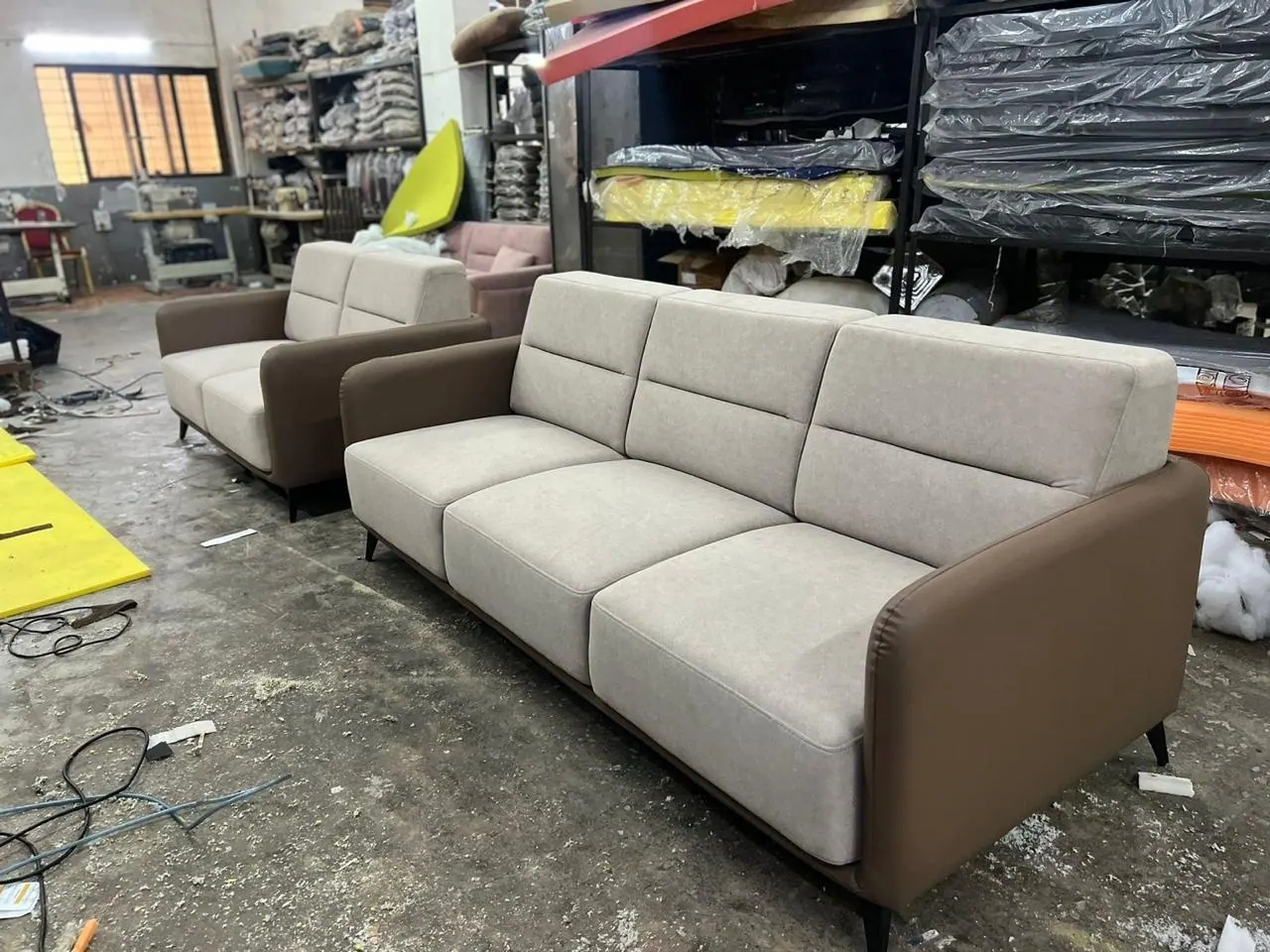 Custom sofa built by Woodflex Designs, photographed in our Surat workshop