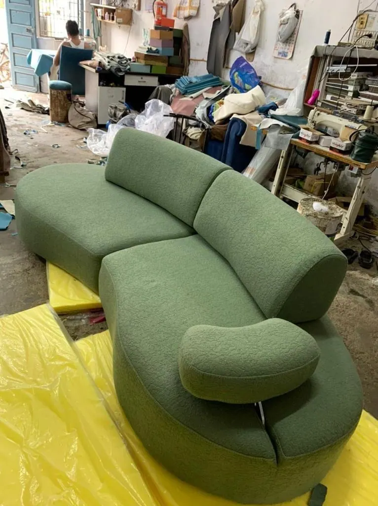Custom sofa built by Woodflex Designs, photographed in our Surat workshop